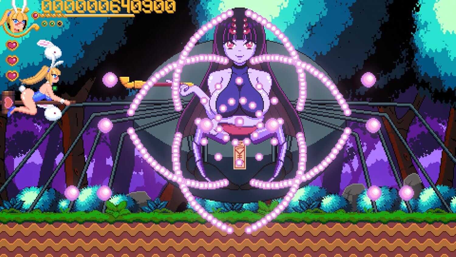 Colorful game scene with a moonlit forest and a mystical character surrounded by glowing orbs.