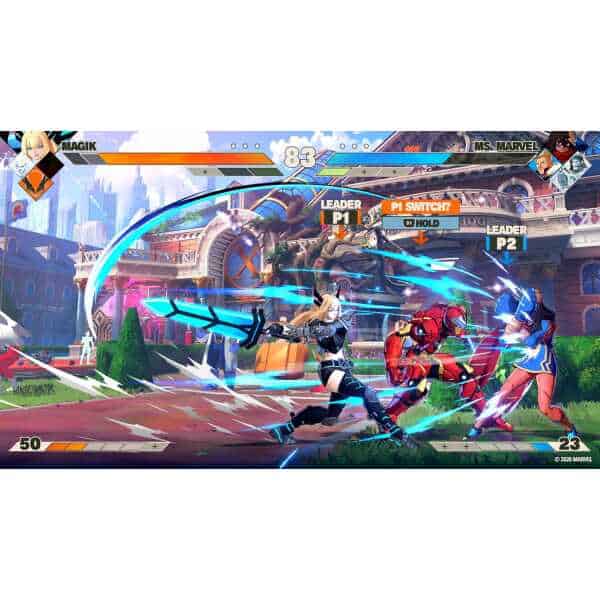 Intense fighting scene from Gameware featuring characters Ms. Marvel and others in a colorful urban.