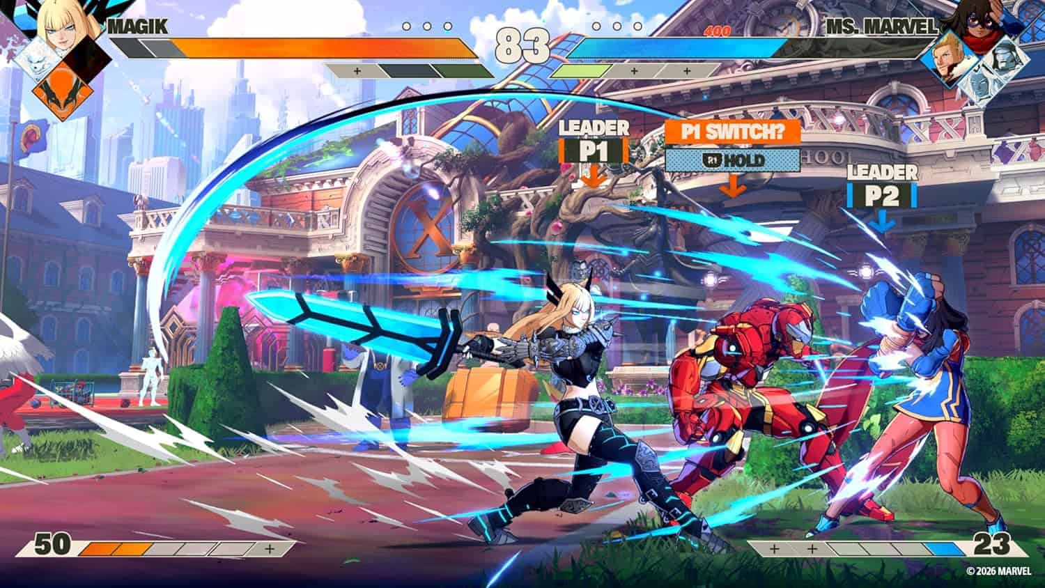 Intense fighting scene from Gameware featuring characters Ms. Marvel and others in a colorful urban.