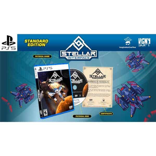 Stellar Interface game cover with spaceship and pixel art spacecraft.