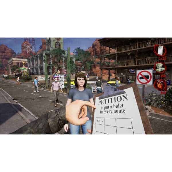 Virtual town scene with characters and petition sign for community action.