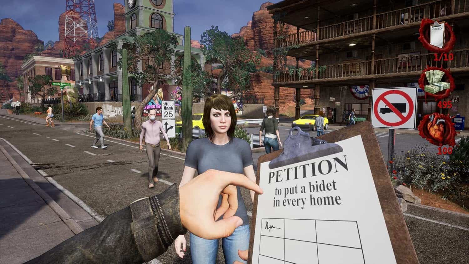 Virtual town scene with characters and petition sign for community action.