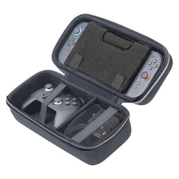 Portable gaming case with Nintendo Switch controllers and accessories for travel.