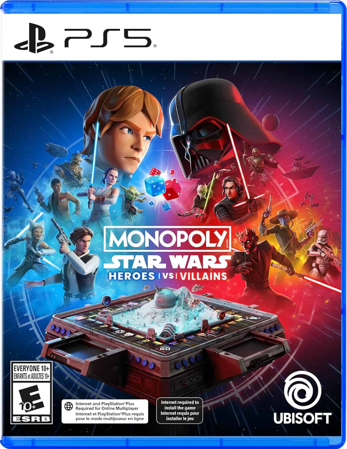 Monopoly Star Wars PS5 game cover featuring heroes and villains from the Star Wars universe.