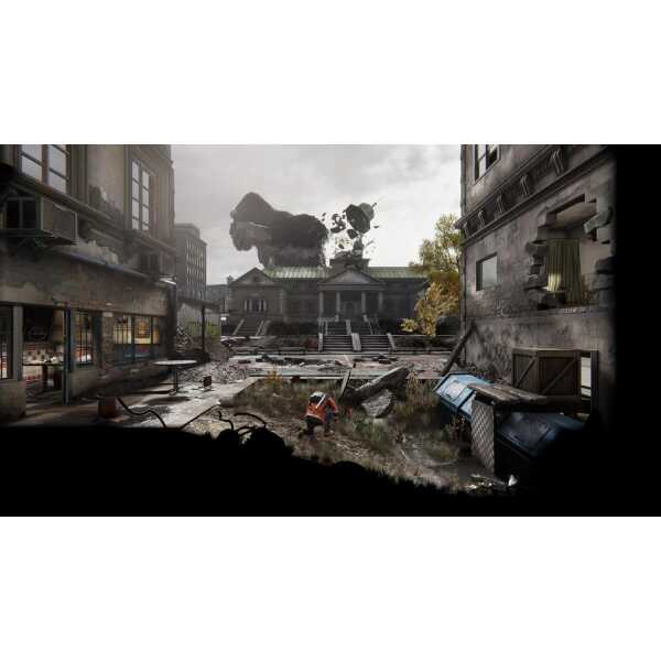 Destruction scene from Kong: Survivor Instinct game with city ruins and monster in background.