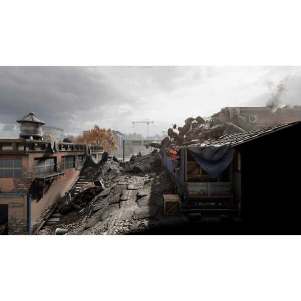 Post-apocalyptic cityscape with destruction and debris from Kong: Survivor Instinct.
