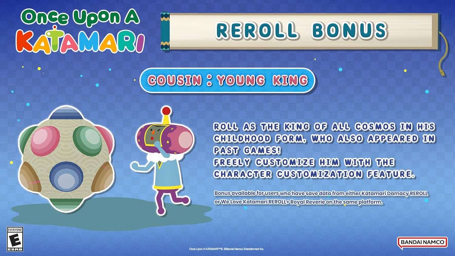 Colorful Katamari character with a crown in a space-themed background.