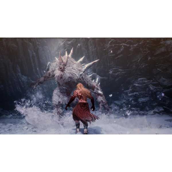 Epic battle scene with a large, spiked fantasy monster and a warrior in a dark, misty environment.