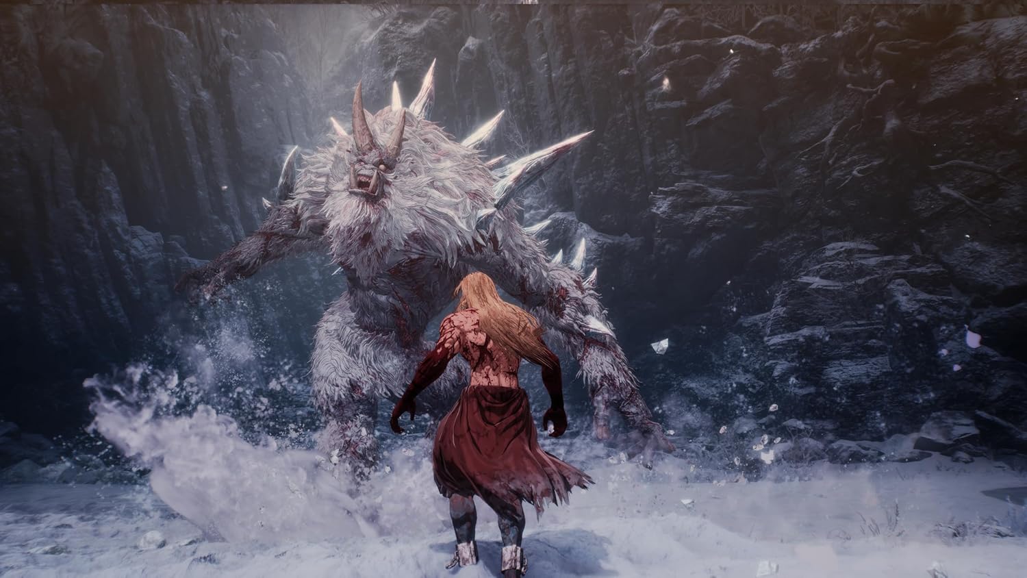 Epic battle scene with a large, spiked fantasy monster and a warrior in a dark, misty environment.