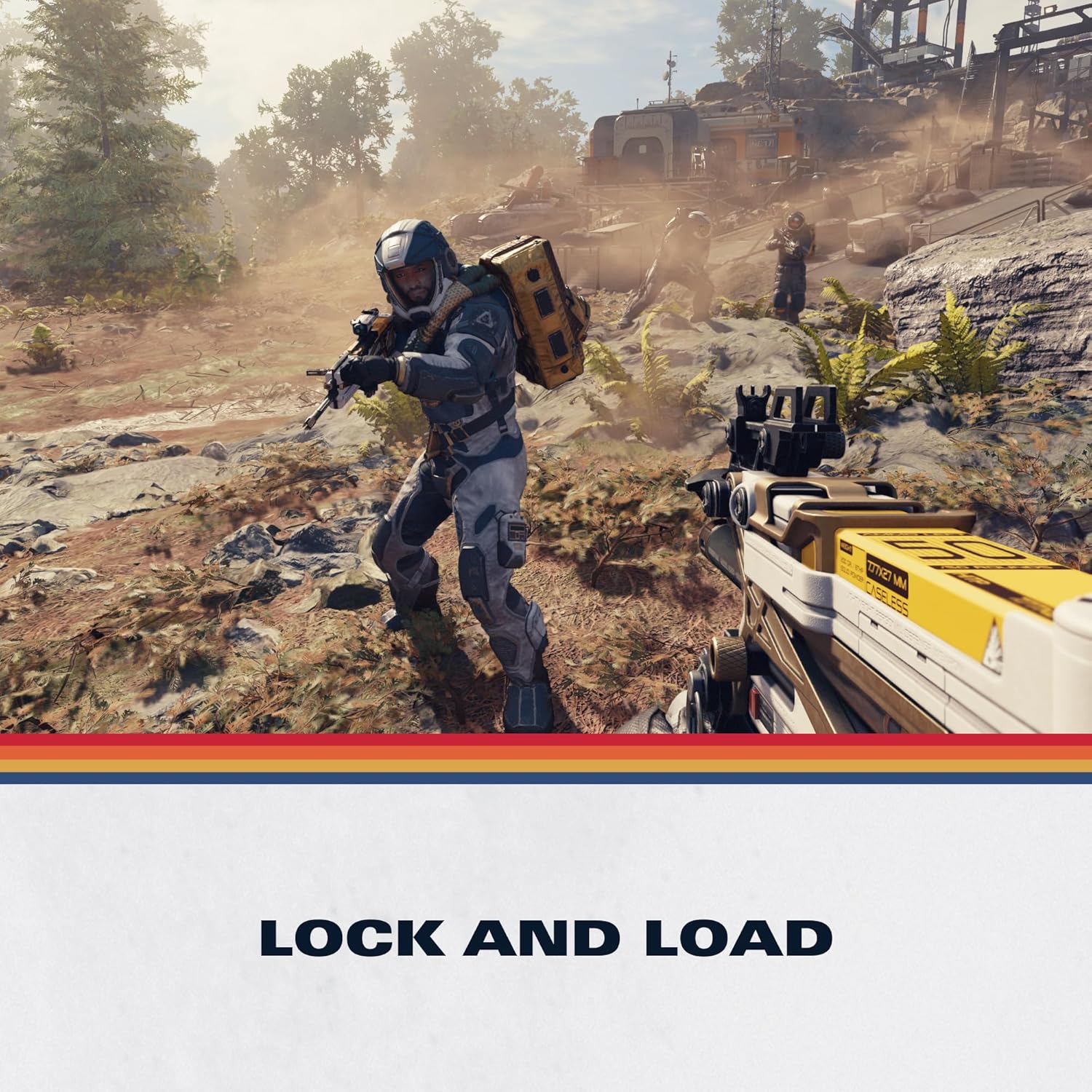 Intense gameplay scene from Starfield showing a soldier in combat.