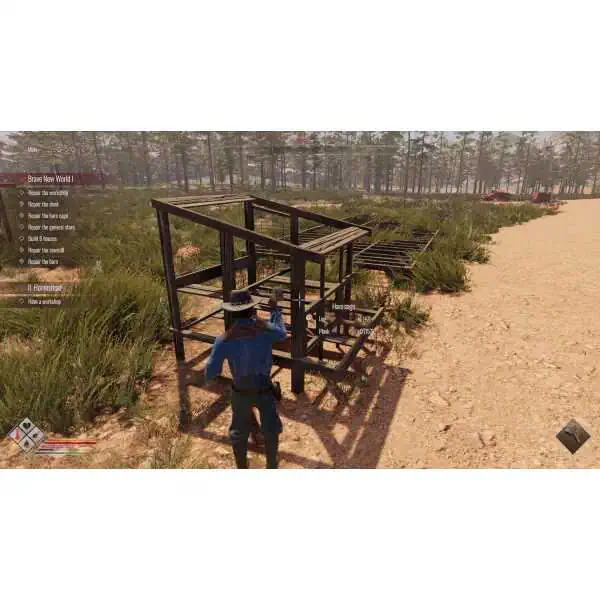 Wild West Legacy Ultimate Edition gameplay scene with a character in a cowboy hat near a wooden stru.