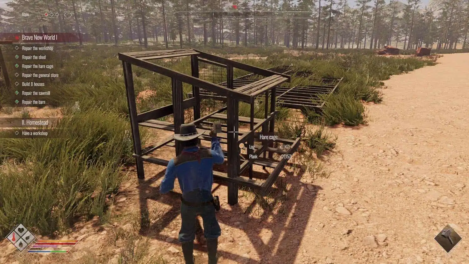 Wild West Legacy Ultimate Edition gameplay scene with a character in a cowboy hat near a wooden stru.