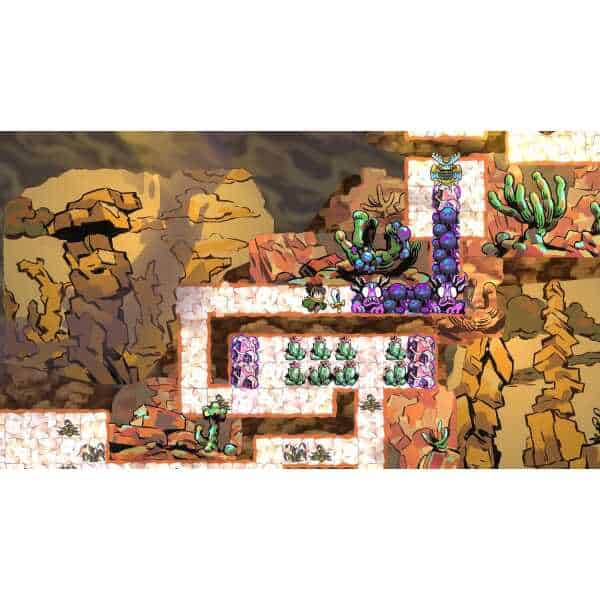 Colorful puzzle scene from Gameware's Arranger game with monsters and terrain.