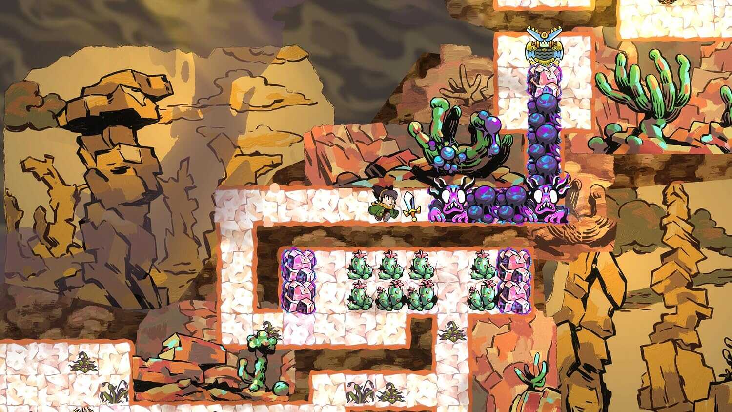 Colorful puzzle scene from Gameware's Arranger game with monsters and terrain.