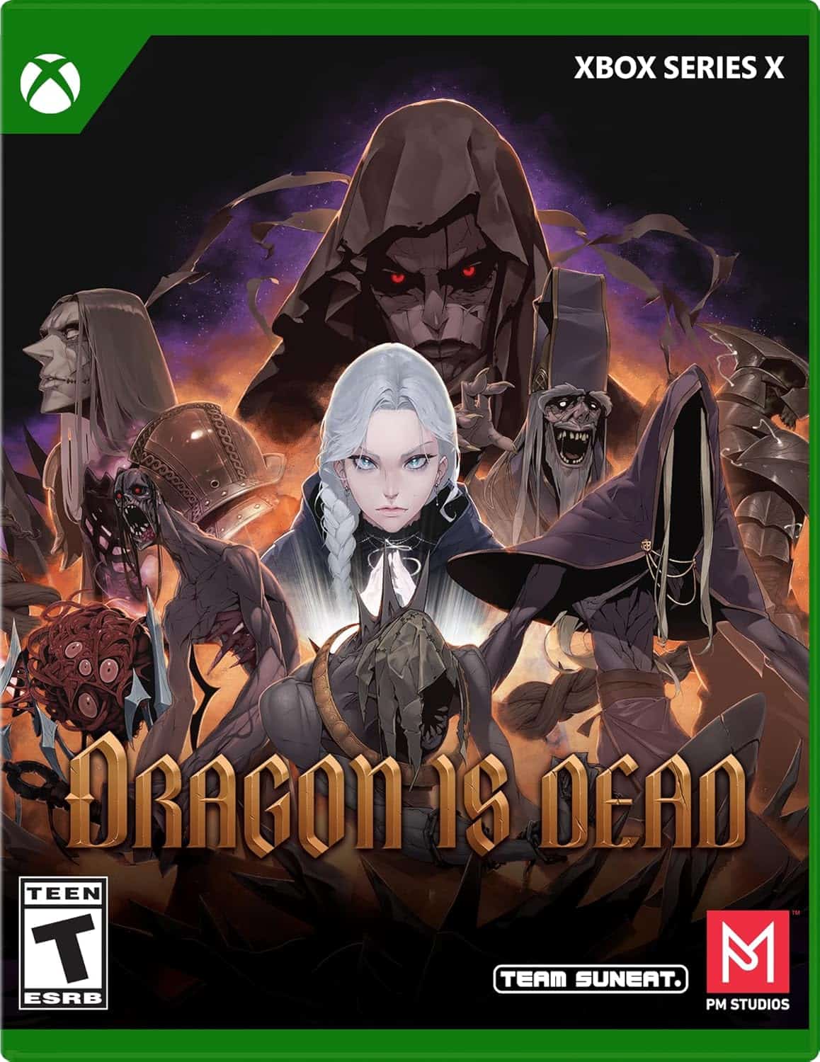 Dragon is Dead Xbox Series X game cover with dark fantasy characters and ominous background.