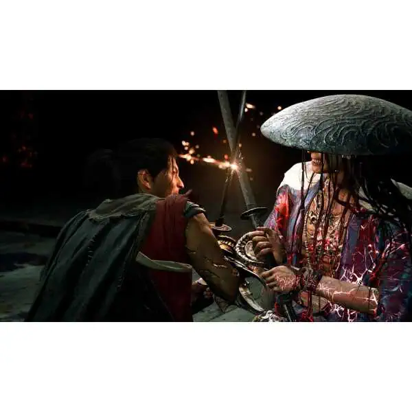 Fierce sword fight between warriors in Onimusha game with dramatic lighting.
