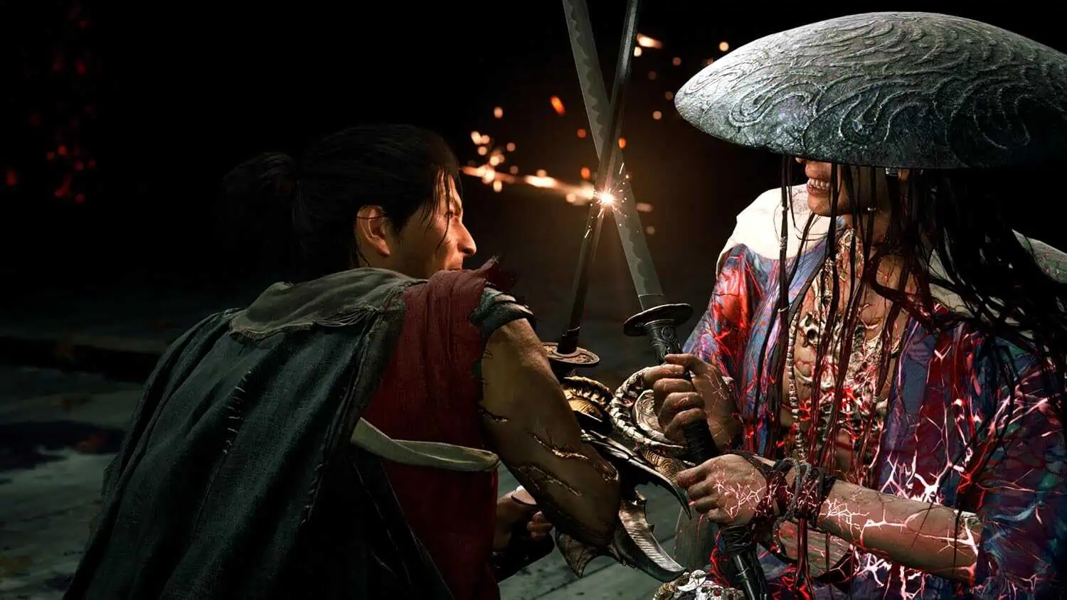 Fierce sword fight between warriors in Onimusha game with dramatic lighting.