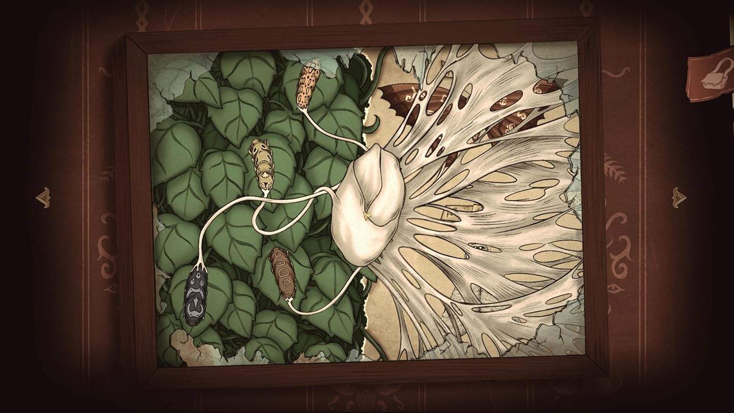 Detailed illustration of a butterfly and caterpillars in a game scene.