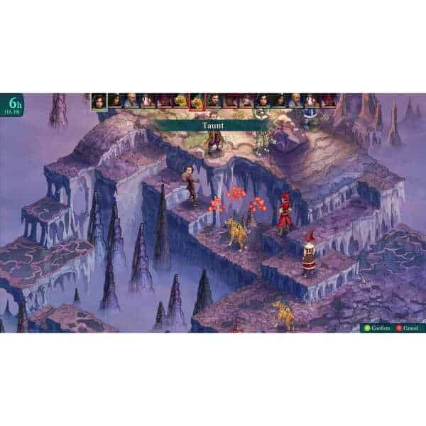 Fantasy battle scene with characters on icy, rocky terrain with mystical elements.