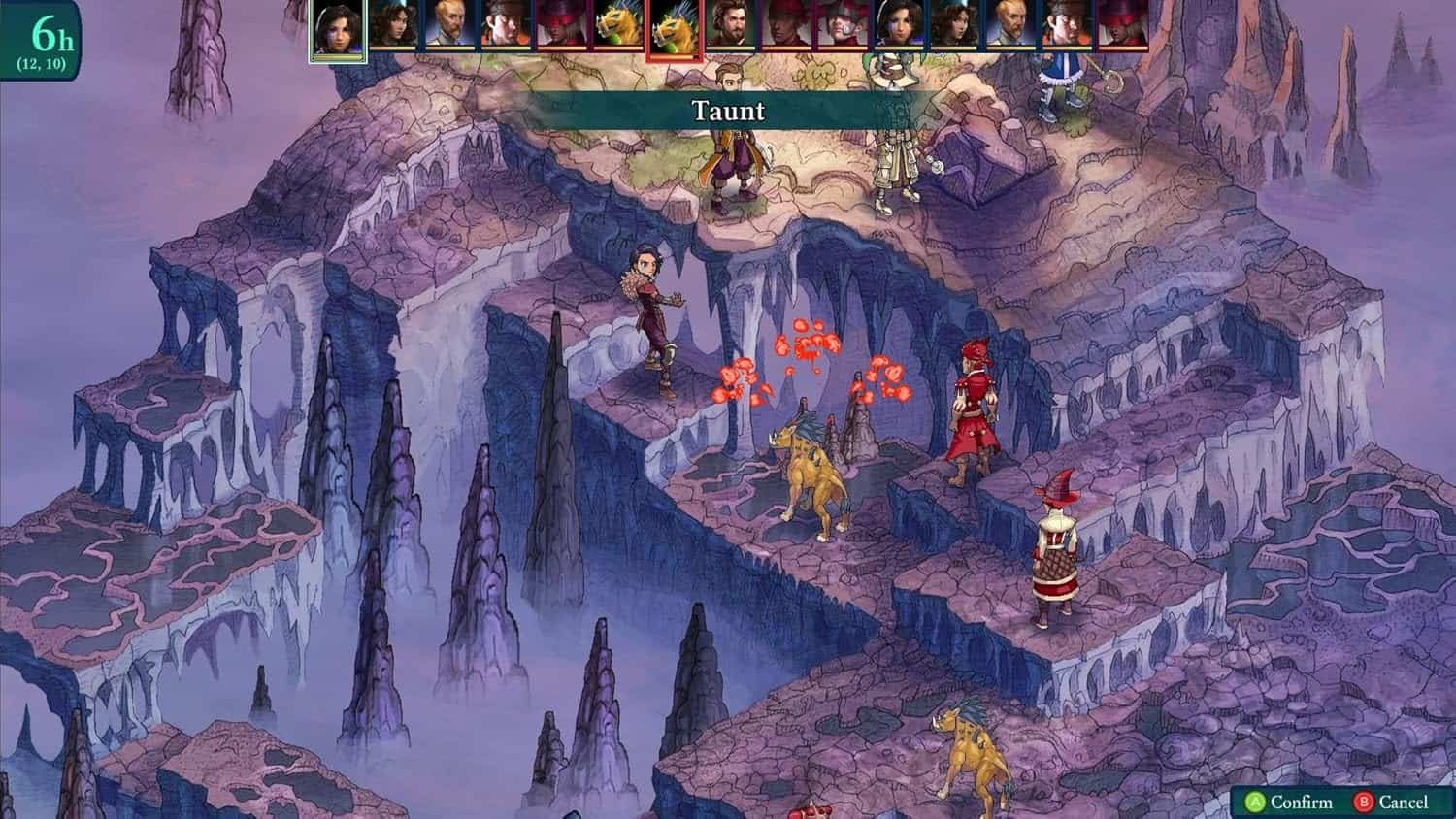 Fantasy battle scene with characters on icy, rocky terrain with mystical elements.