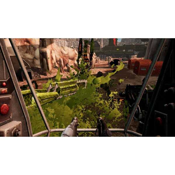 Post-apocalyptic vehicle cockpit with green splatter effects and rugged terrain.