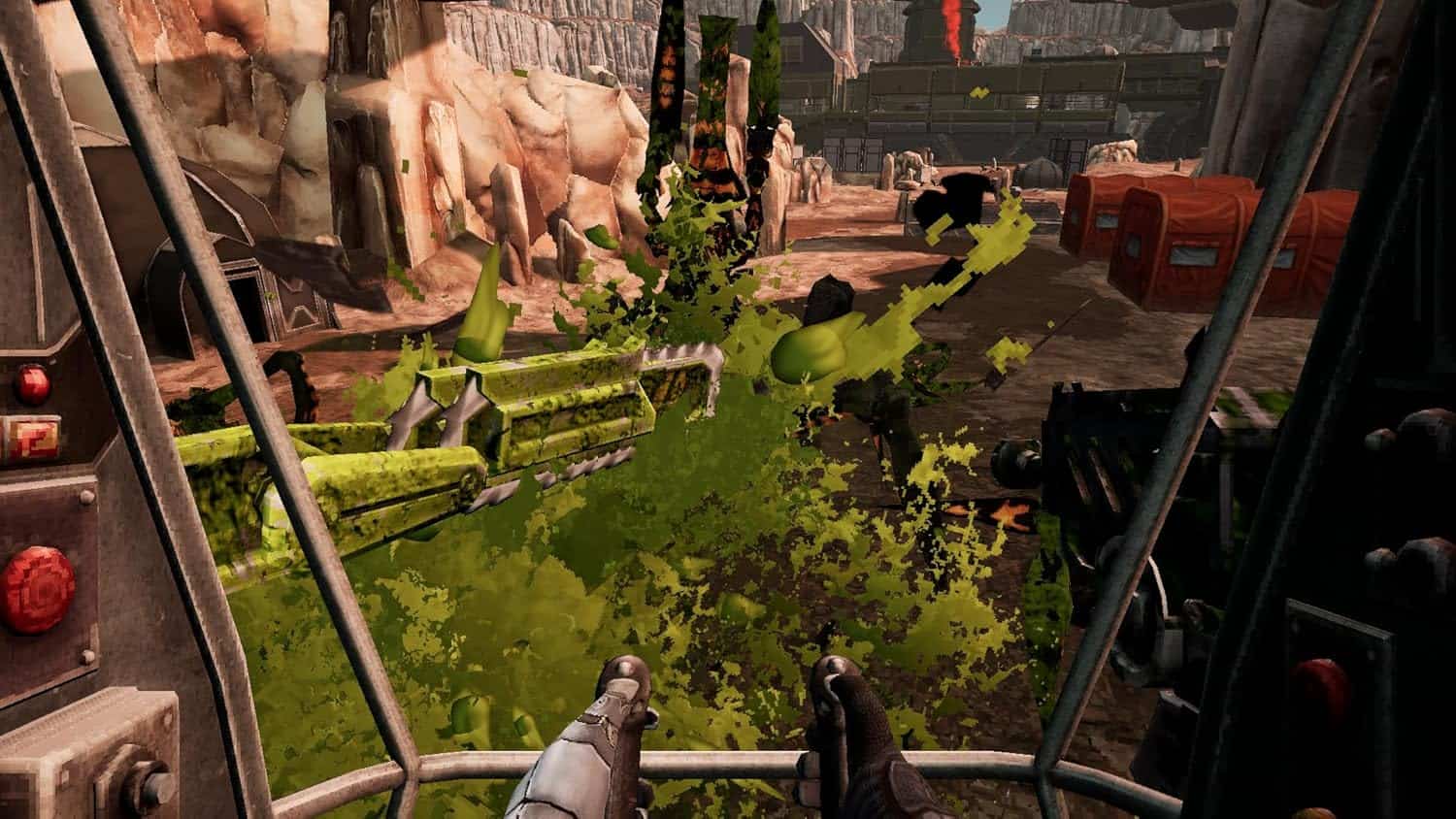 Post-apocalyptic vehicle cockpit with green splatter effects and rugged terrain.