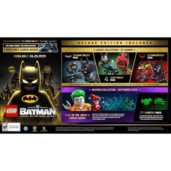 An image showcasing the LEGO Batman: Legacy of the Dark Knight Deluxe Edition game packaging and fea.