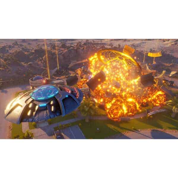 Alien spaceship crash with explosion in a suburban area.