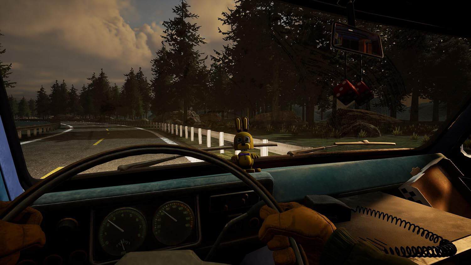 View from inside a car driving through a forested mountain road at sunset.