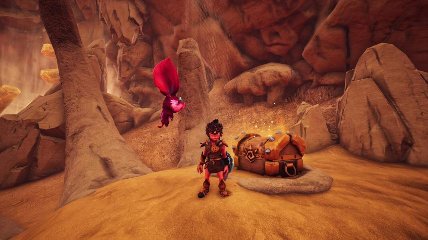 Character exploring ancient seal in desert cave setting for KAKU game.