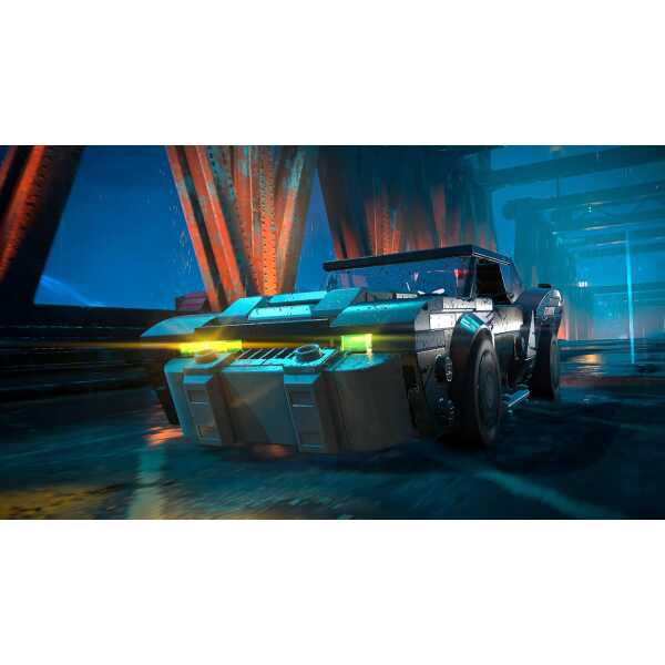 LEGO Batman Batmobile from LEGO Batman: Legacy of the Dark Knight, detailed with glowing green headl.