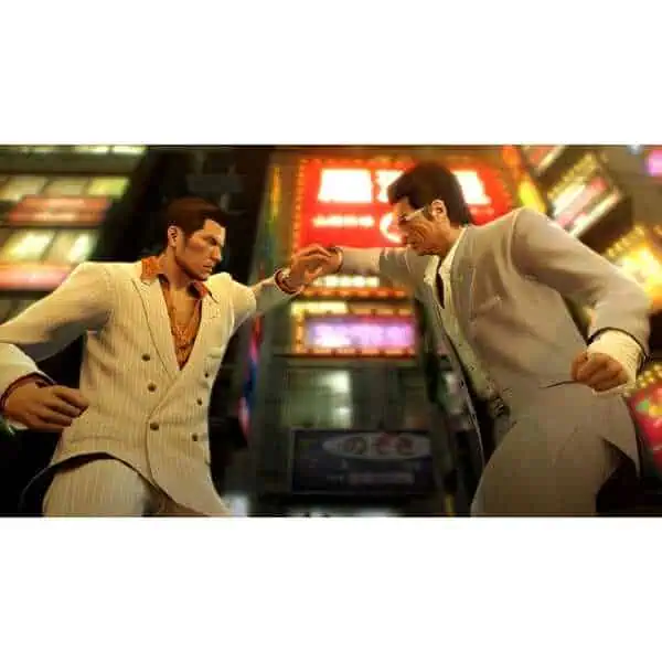 Intense fight scene from Yakuza 0 Director's Cut in a vibrant urban setting.