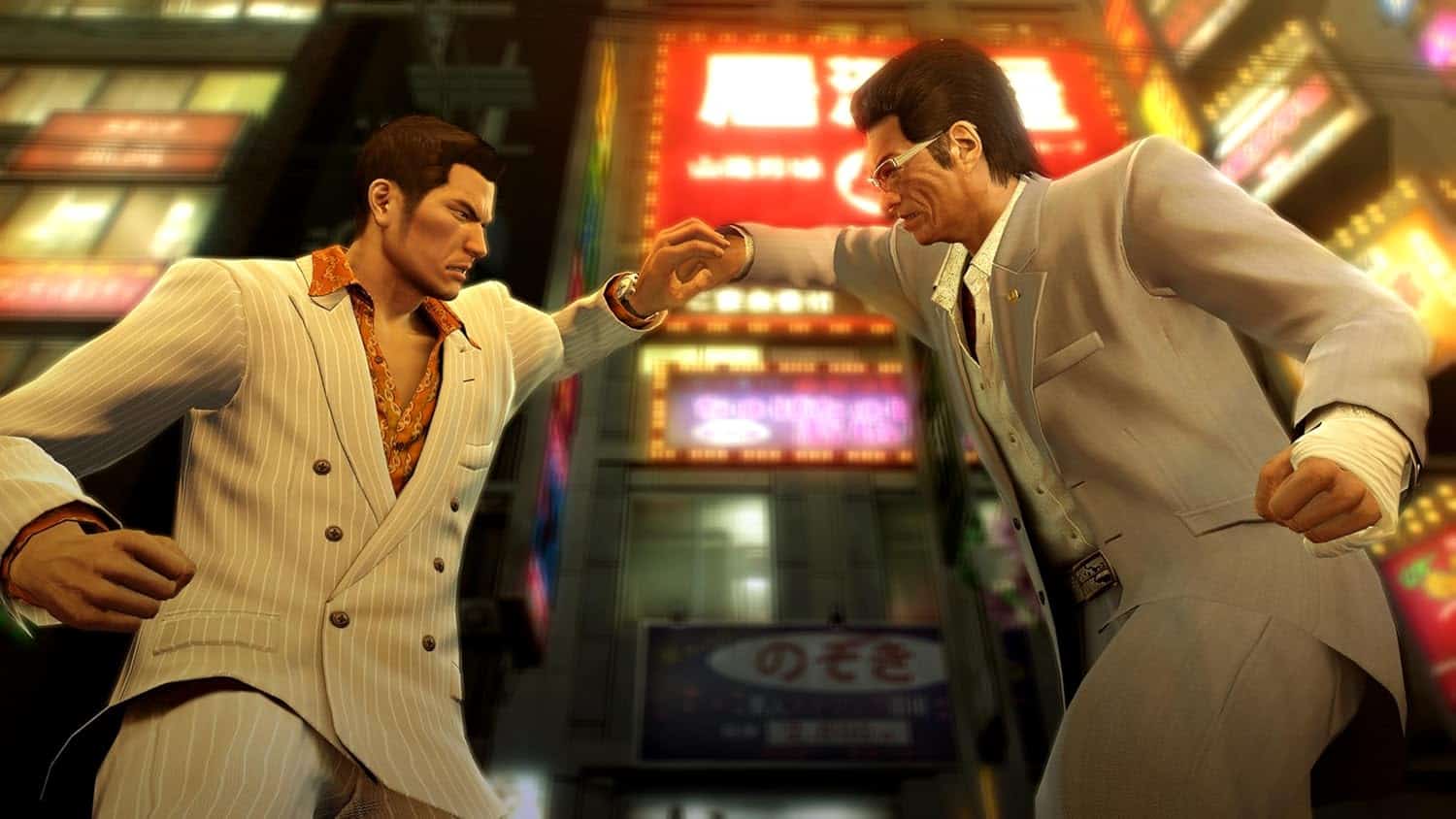 Intense fight scene from Yakuza 0 Director's Cut in a vibrant urban setting.
