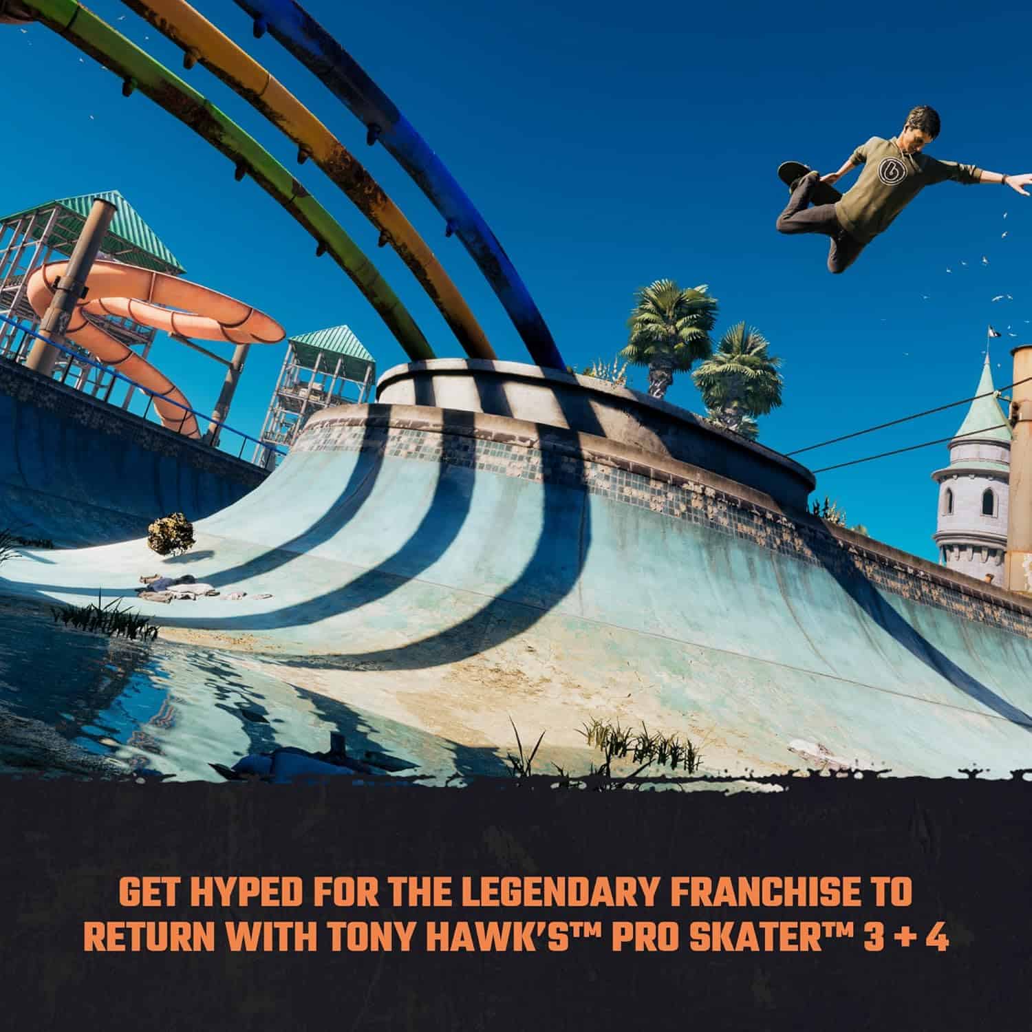 Tony Hawk performing a skateboarding trick at an amusement park with water slides and a castle in th.