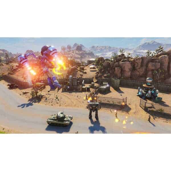 Alien attacking military base in Destroy All Humans! game scene.