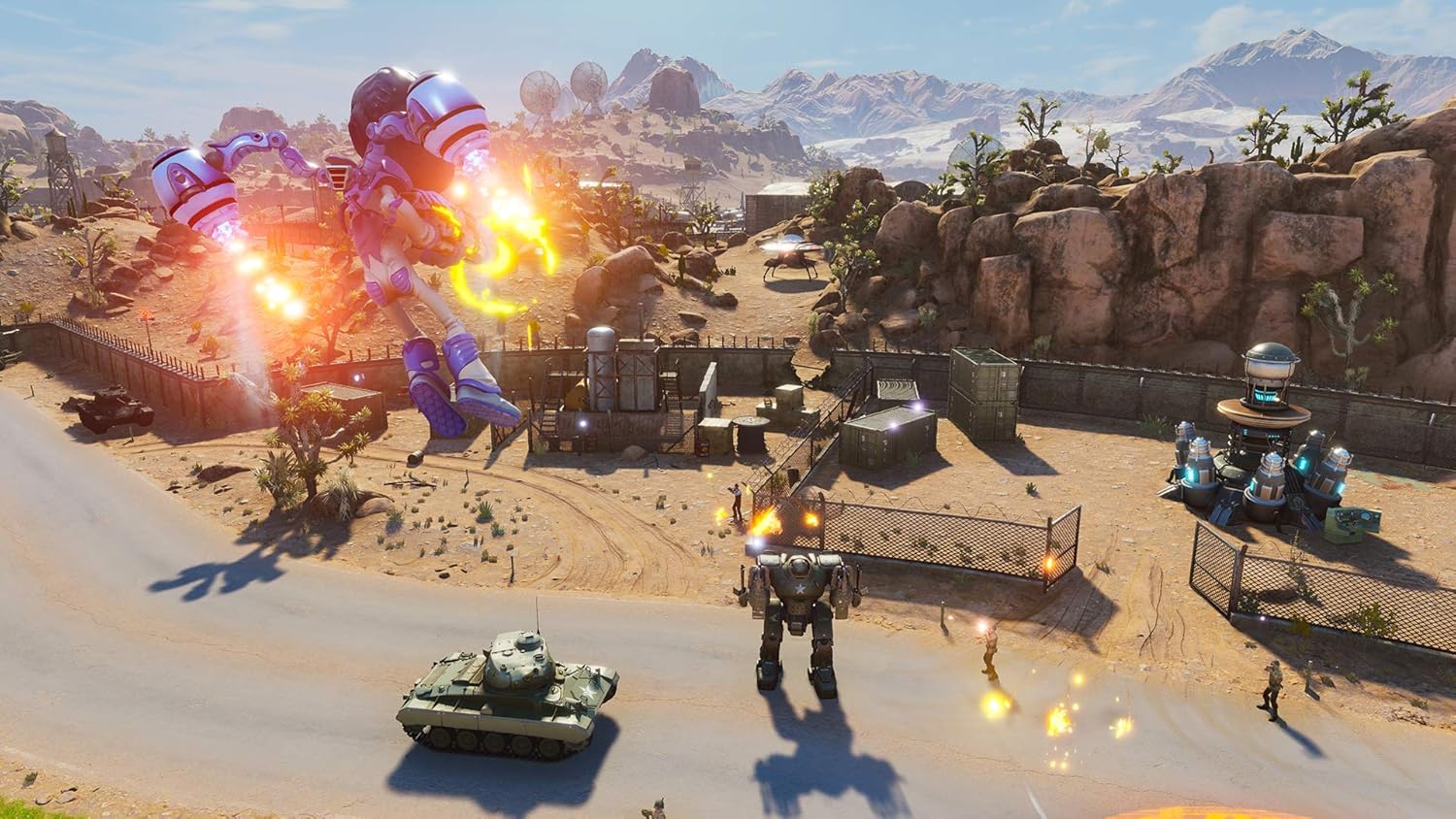 Alien attacking military base in Destroy All Humans! game scene.