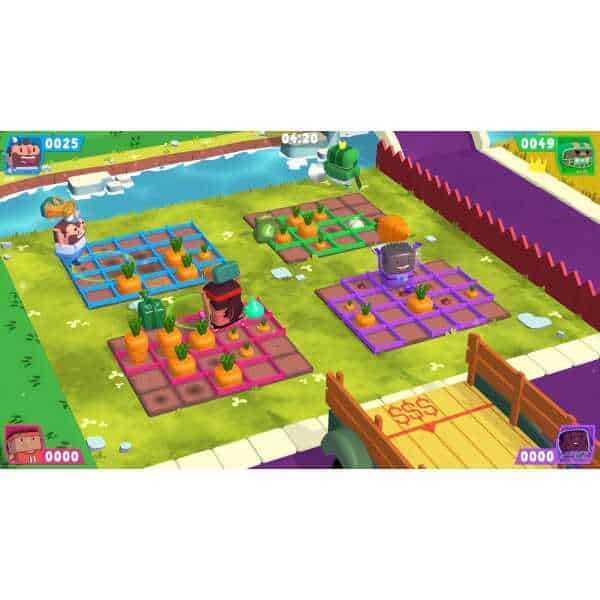 Colorful garden puzzle game with cute characters and vegetable plots.