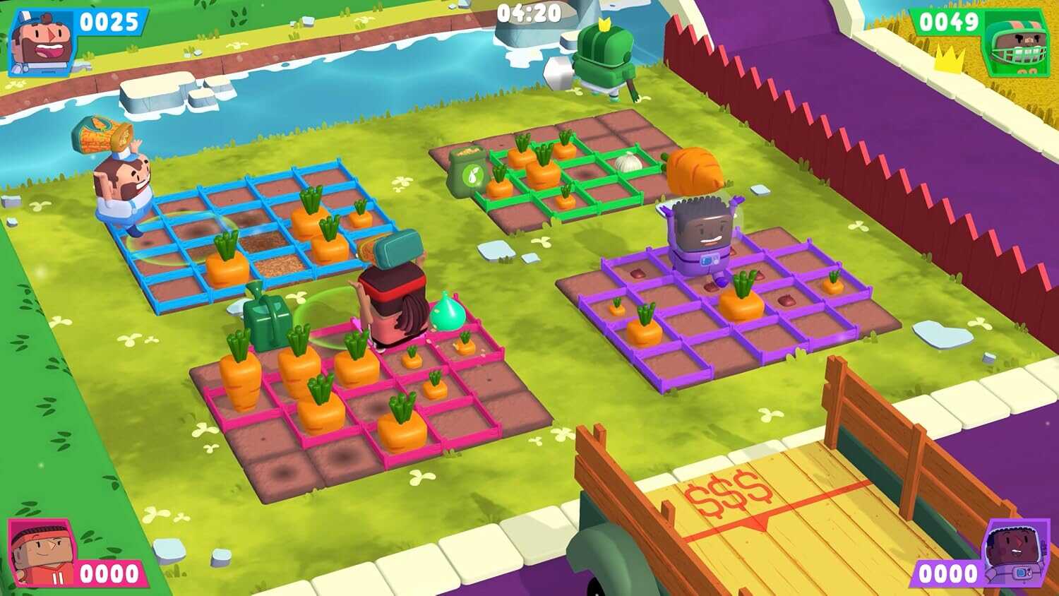 Colorful garden puzzle game with cute characters and vegetable plots.