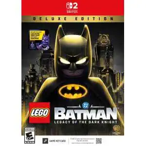 LEGO Batman minifigure with cityscape background for LEGO Batman game.