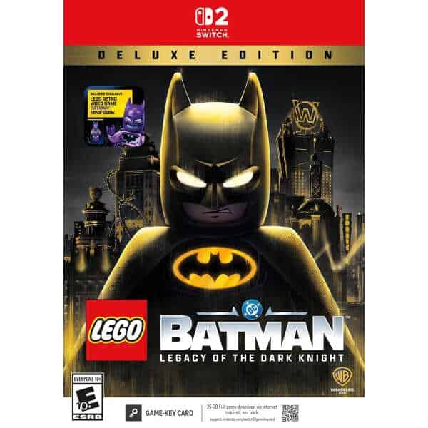 LEGO Batman minifigure with cityscape background for LEGO Batman game.