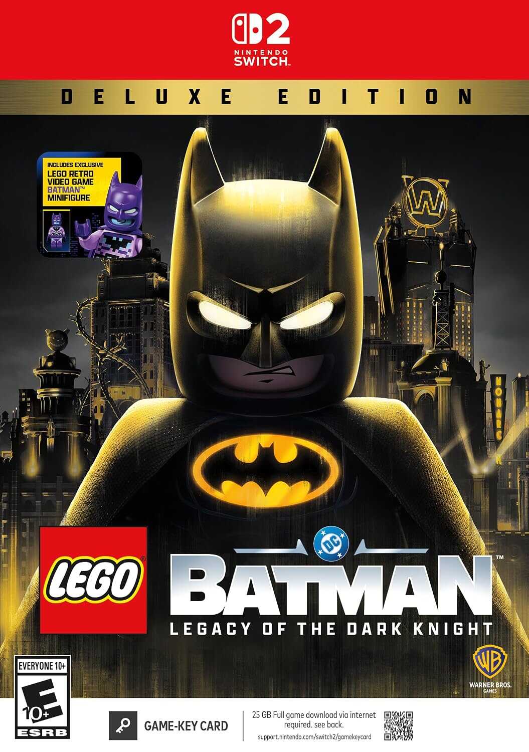 LEGO Batman minifigure with cityscape background for LEGO Batman game.