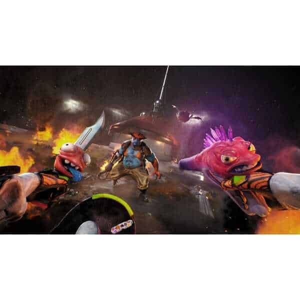 Intense scene of fantasy creatures and a helicopter in a fiery battlefield.
