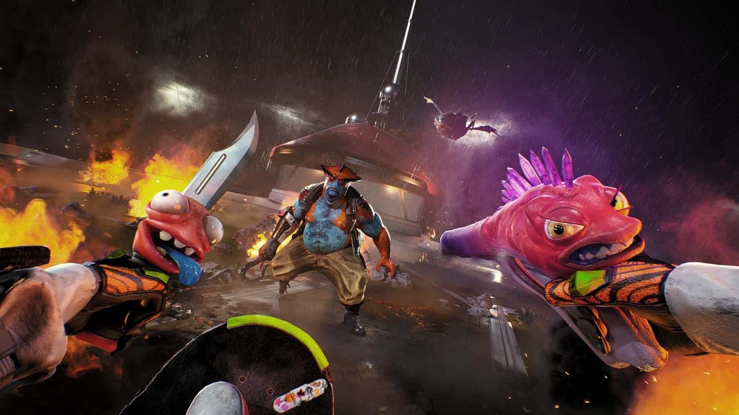 Intense scene of fantasy creatures and a helicopter in a fiery battlefield.