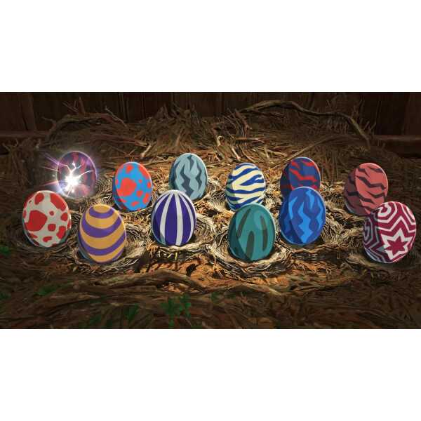Collection of colorful Monster Hunter eggs on nest for gameware display.