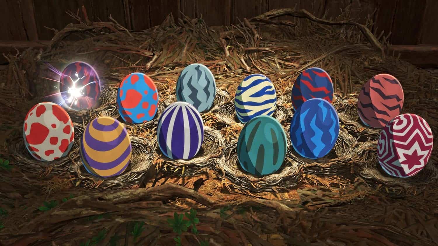 Collection of colorful Monster Hunter eggs on nest for gameware display.