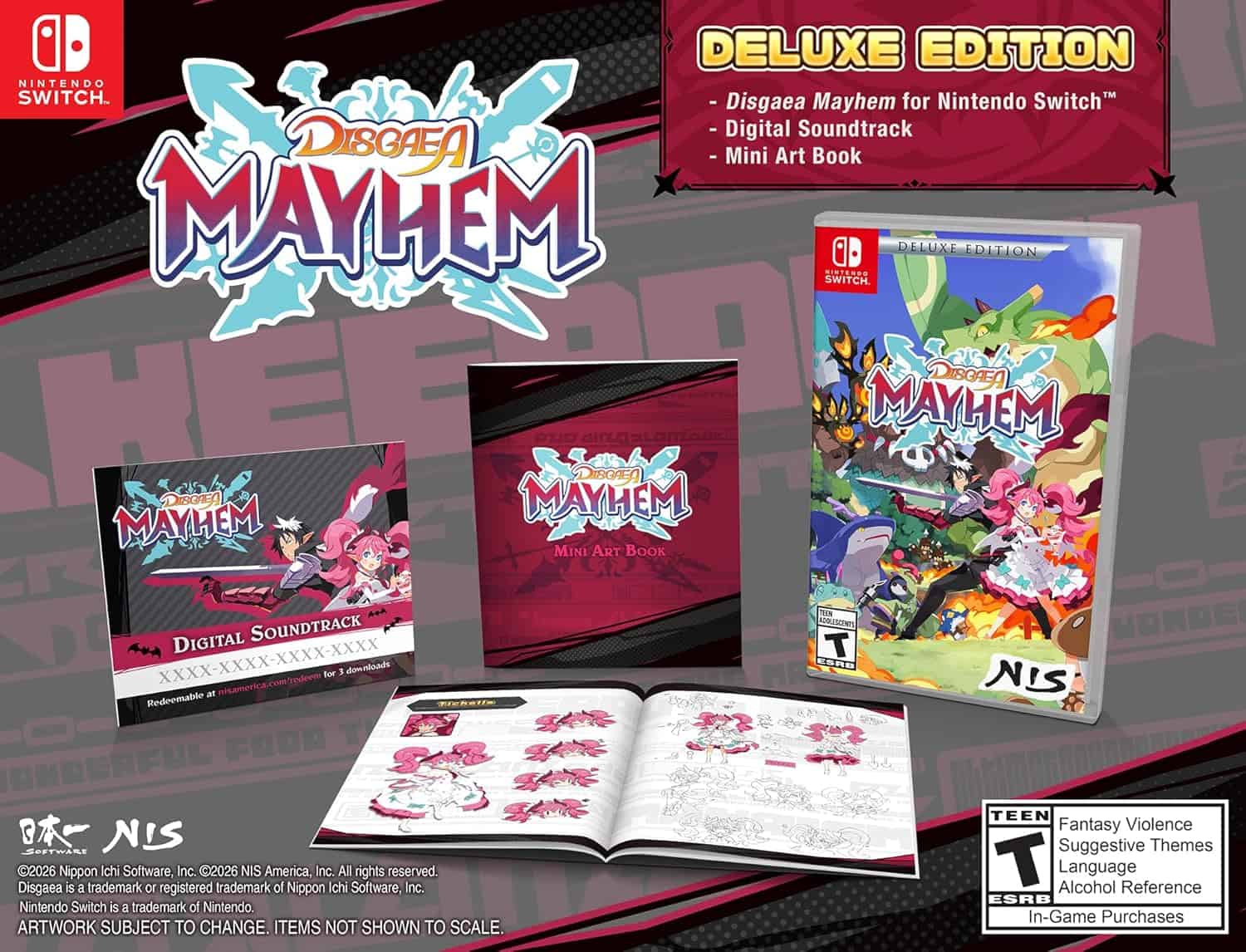 Disgaea Mayhem Nintendo Switch game with soundtrack, art book, and mini art book.