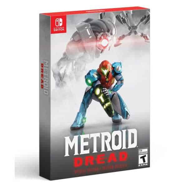 Metroid Dread Nintendo Switch game box with Samus Aran and robot enemies.