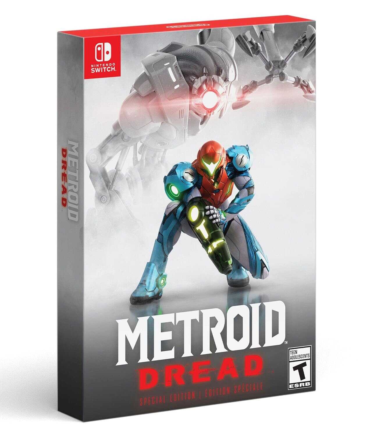 Metroid Dread Nintendo Switch game box with Samus Aran and robot enemies.