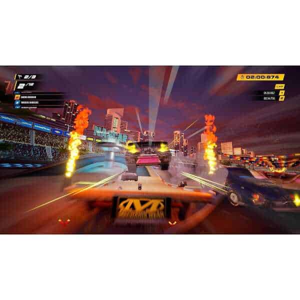 Intense racing scene featuring cars, explosions, and cityscape at sunset. Perfect for gaming and rac.