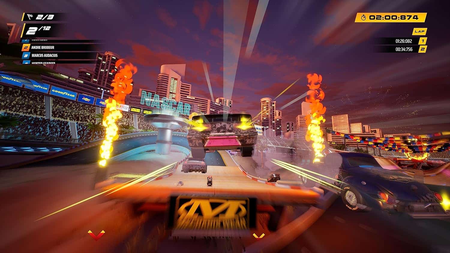 Intense racing scene featuring cars, explosions, and cityscape at sunset. Perfect for gaming and rac.